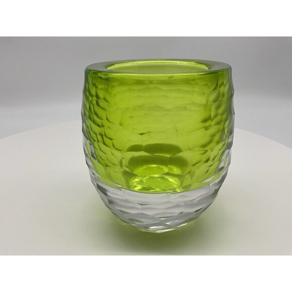 Faceted Green and Clear Art Glass Votive Holder Heavy Quality Glass Collectible - Picture 10 of 15
